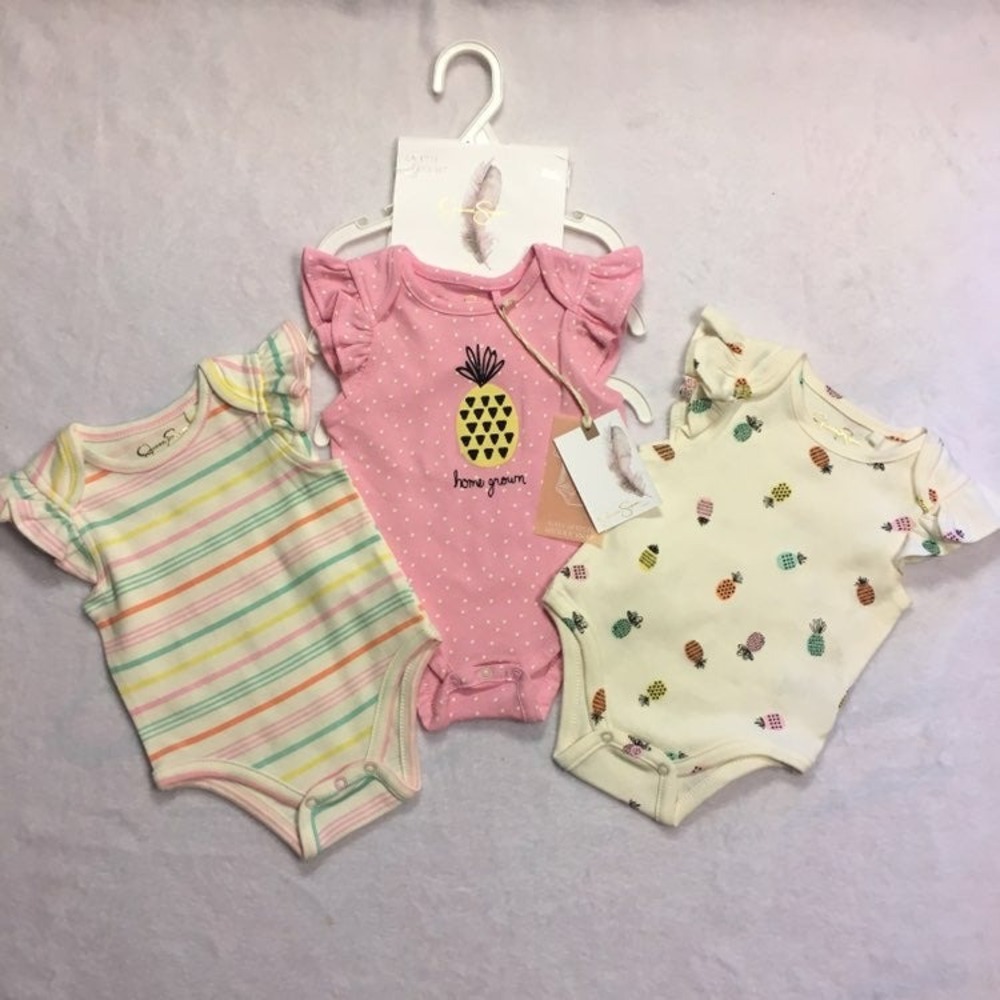 Jessica Simpson Bodysuit Set Baby 3/6M Pink Cream New Pineapple Ruffle 3PK